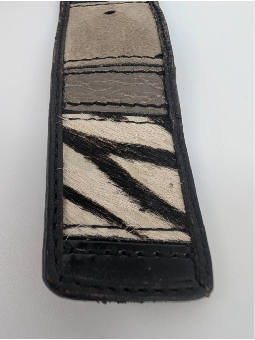 Fossil Leather Belt L Zebra Croc Suede Patchwork Black Taupe Animal Print Y2K
